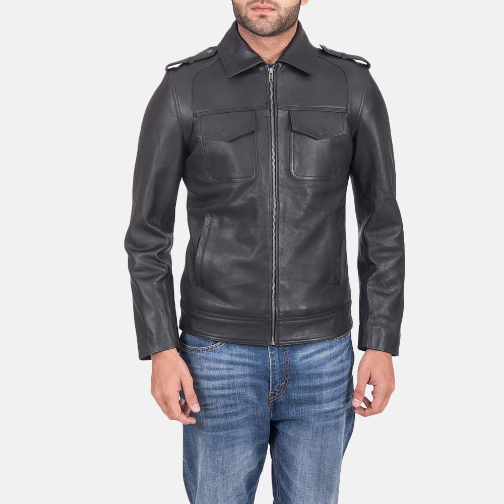 Sergeant Nero Giacca in Pelle da Uomo in Black Calfskin Leather - Vista frontale e linea su misura | Acquista online