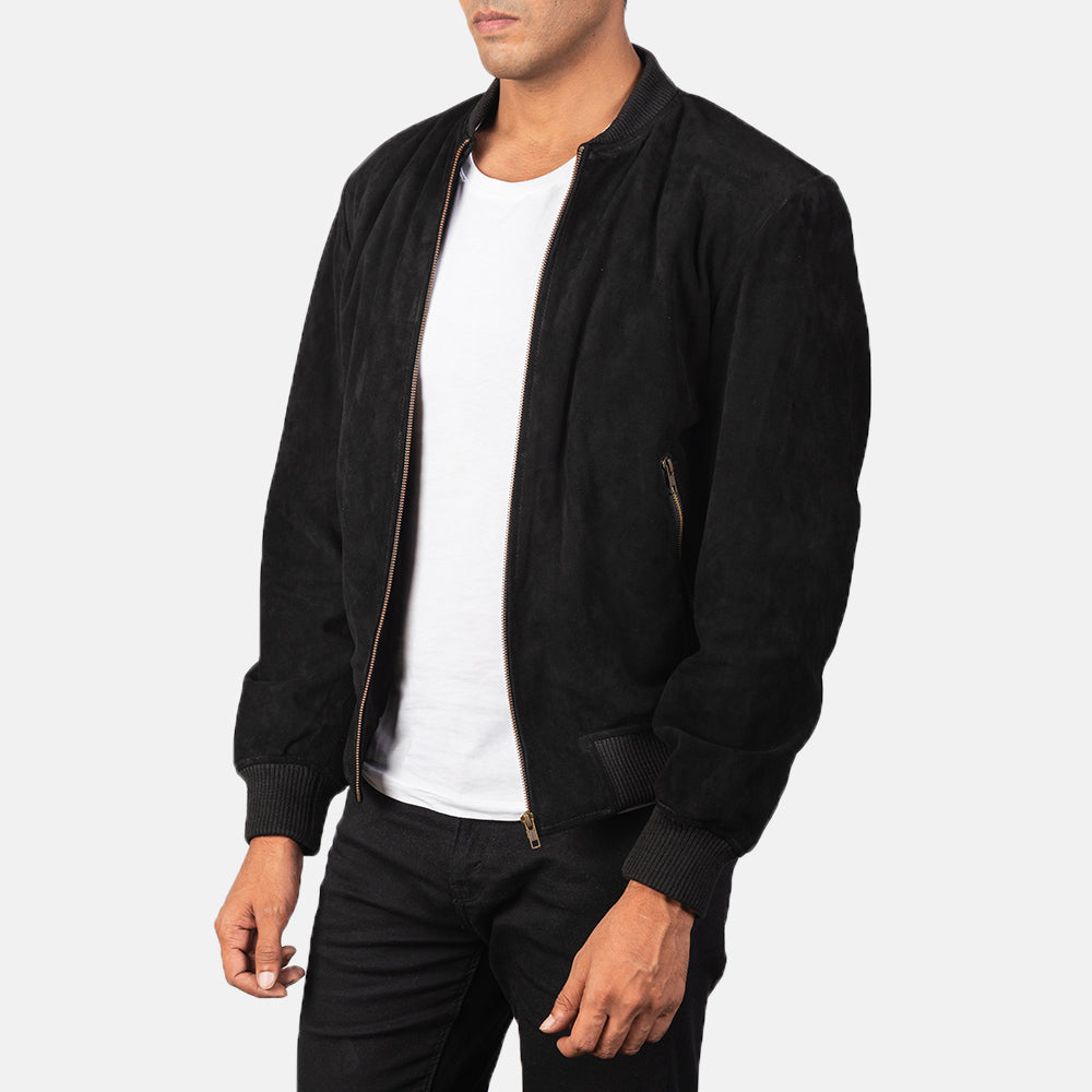 
Black Goatskin Suede Bomber Jacket - Vista posteriore con spalle definite e orlo pulito