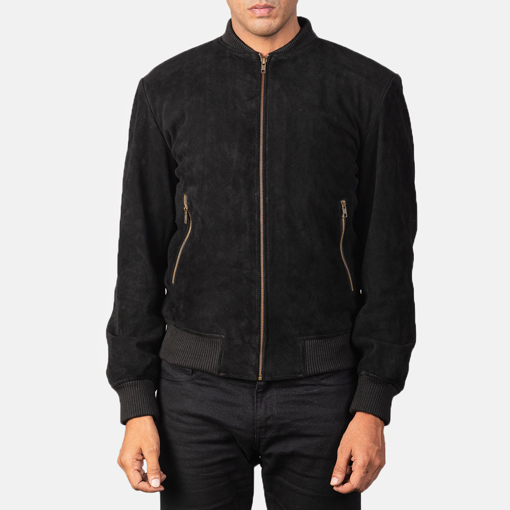 
Dettaglio ravvicinato of Varsity & Zipper Hardware on Shane Nero Suede Bomber in Pelle da Uomo
