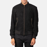 
Dettaglio ravvicinato of Varsity & Zipper Hardware on Shane Nero Suede Bomber in Pelle da Uomo