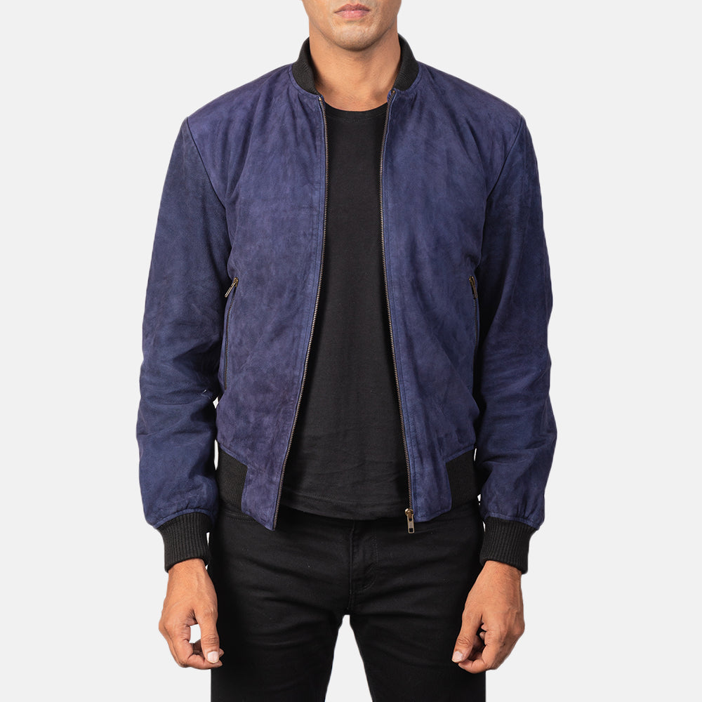 
Shane Navy Blue Suede Bomber Jacket in Blue Goatskin Suede - Vista frontale e silhouette sartoriale | Acquista online
