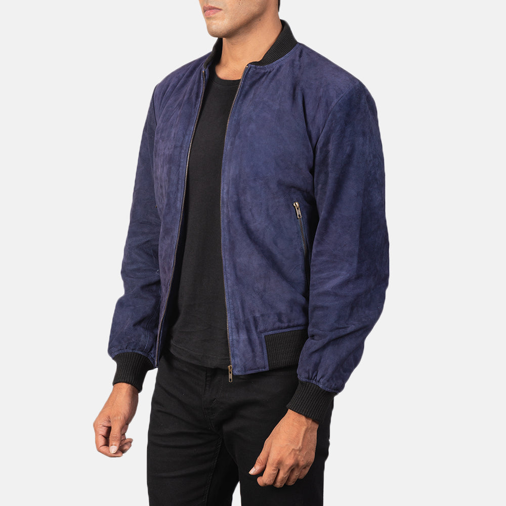 
Blue Goatskin Suede Bomber Jacket - Vista posteriore con spalle definite e orlo pulito