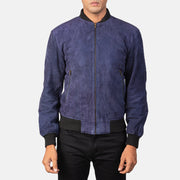 
Dettaglio ravvicinato of Varsity & Zipper Hardware on Shane Navy Blue Suede Bomber Jacket