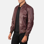 
Maroon Sheepskin Leather Bomber Jacket - Vista posteriore con spalle definite e orlo pulito