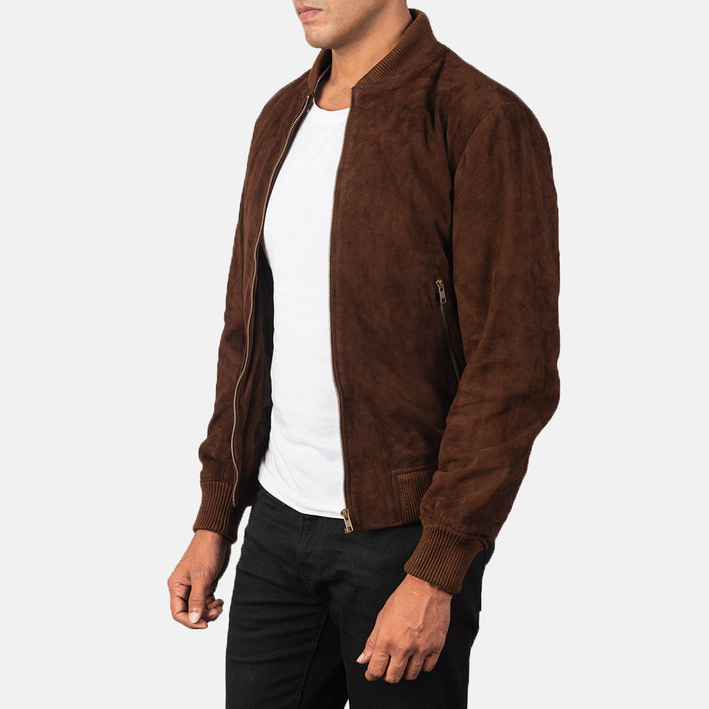 Dark Brown Goatskin Suede Bomber Jacket - Vista posteriore Showing Tailored Shoulder Fit &amp; Clean Hemline