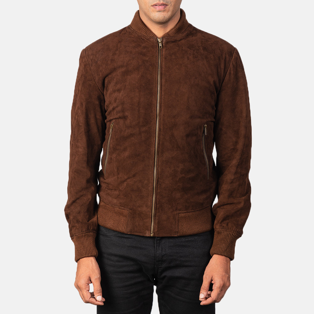 Dettaglio ravvicinato of Varsity &amp; Zipper Hardware on Men's Shane Dark Mocha Brown Suede Bomber Jacket