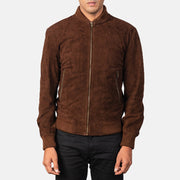 Dettaglio ravvicinato of Varsity &amp; Zipper Hardware on Men's Shane Dark Mocha Brown Suede Bomber Jacket