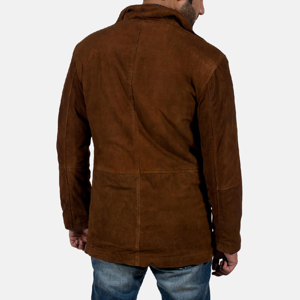 Dettaglio ravvicinato of High neck &amp; Zipper with Button Flap Hardware on Men's Sheriff Marrone Giacca Scamosciata da Uomo