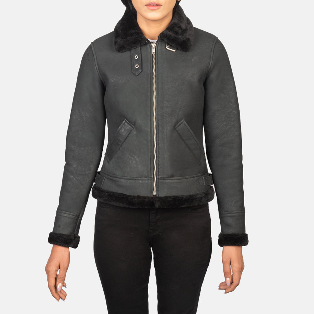 
Dettaglio ravvicinato of Buckled Collar & Zipper Hardware on Sherilyn B-3 Distressed Black Leather Bomber Jacket