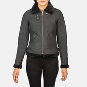 
Dettaglio ravvicinato of Buckled Collar & Zipper Hardware on Sherilyn B-3 Distressed Black Leather Bomber Jacket
