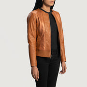 
Tan Brown Sheepskin Leather Biker Jacket - Vista posteriore con spalle definite e orlo pulito