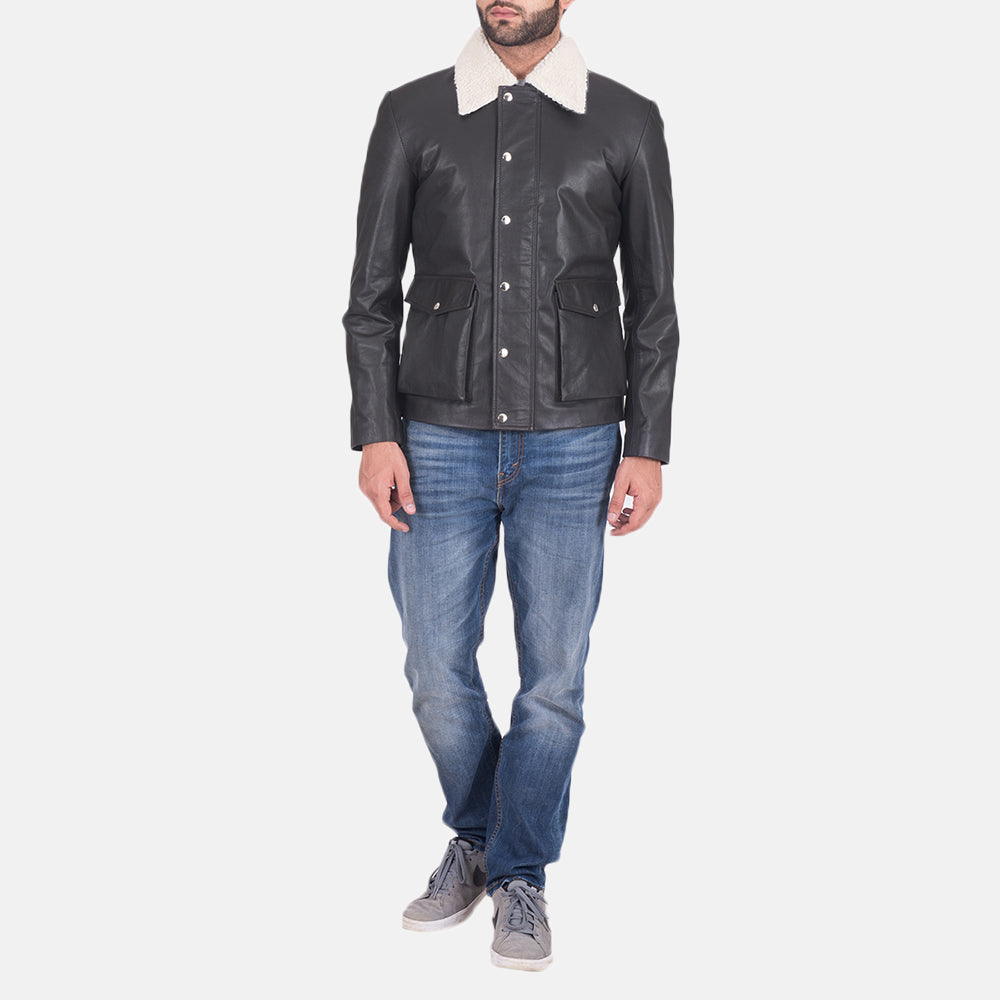 
Dettaglio ravvicinato of Shirt style Faux Shearling Collar & Zipper + Button Flap Hardware on Snow Cole Nero Giacca in Pelle da Uomo