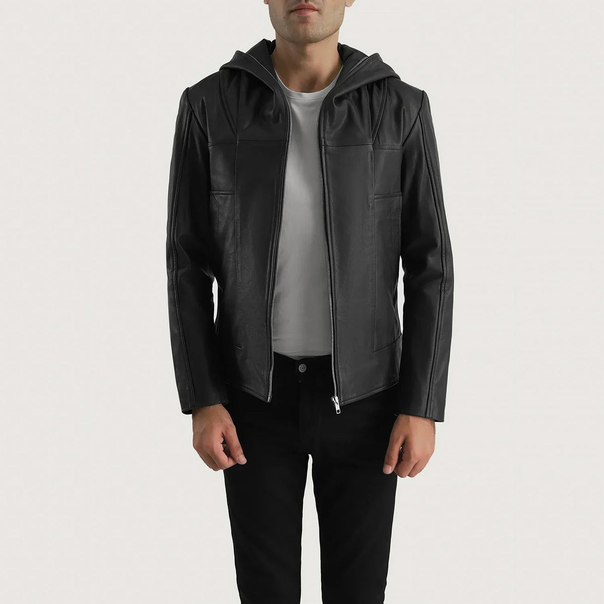 Men's Spratt Nero Hooded Giacca in Pelle da Uomo in Black Goatskin Leather - Vista frontale e linea su misura | Acquista online