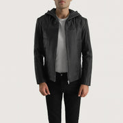 Men's Spratt Nero Hooded Giacca in Pelle da Uomo in Black Goatskin Leather - Vista frontale e linea su misura | Acquista online
