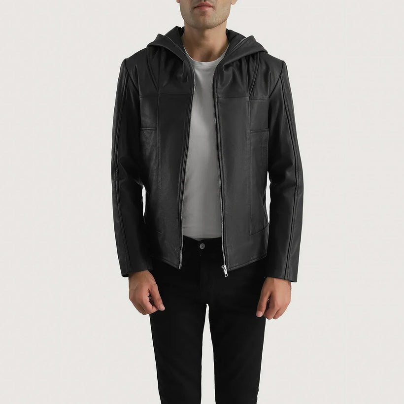 Spratt Nero Hooded Giacca in Pelle da Uomo