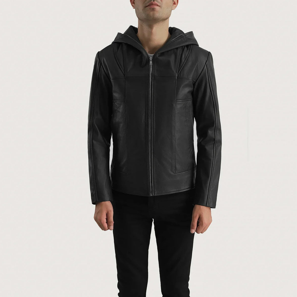 Black Goatskin Leather Hooded Jacket - Vista posteriore Showing Tailored Shoulder Fit &amp; Clean Hemline