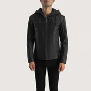Black Goatskin Leather Hooded Jacket - Vista posteriore Showing Tailored Shoulder Fit &amp; Clean Hemline
