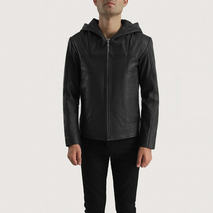 Spratt Nero Hooded Giacca in Pelle da Uomo