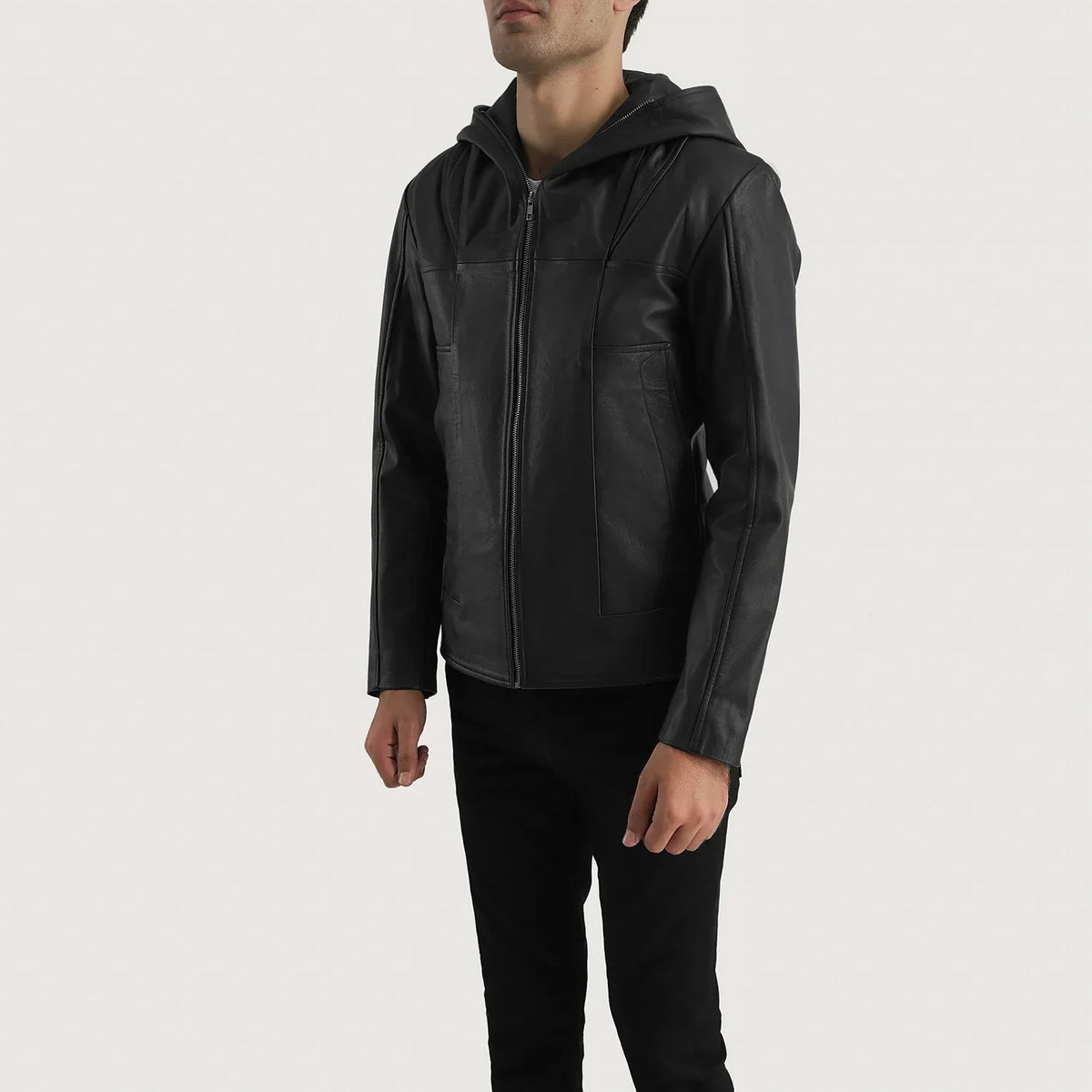 Men's Spratt Nero Hooded Giacca in Pelle da Uomo - Lateral Side Profile View Showing Sleeve Cut &amp; Athletic Taper Fit