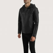 Men's Spratt Nero Hooded Giacca in Pelle da Uomo - Lateral Side Profile View Showing Sleeve Cut &amp; Athletic Taper Fit