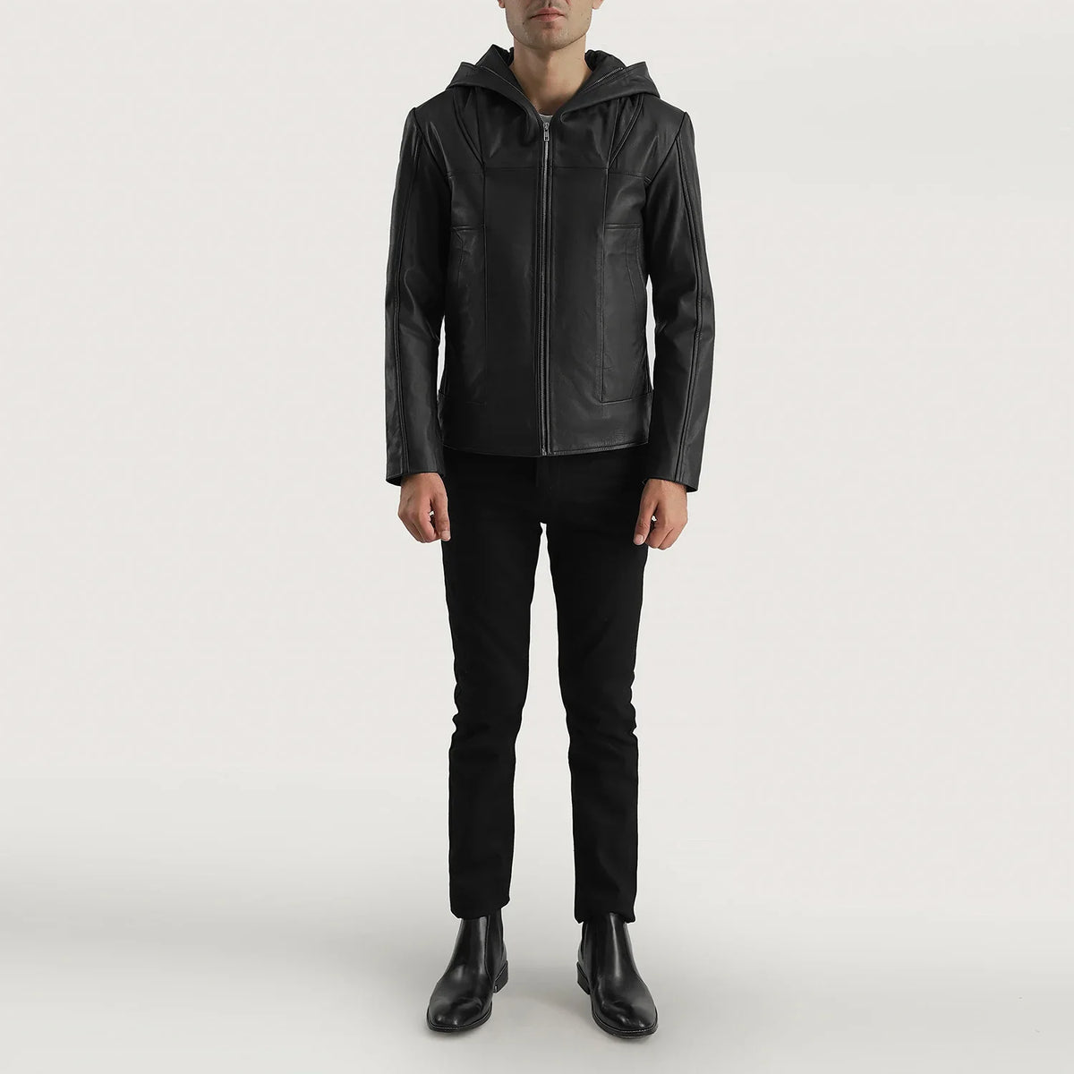 Dettaglio ravvicinato of Hooded &amp; Zipper Hardware on Men's Spratt Nero Hooded Giacca in Pelle da Uomo