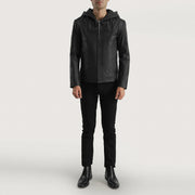 Dettaglio ravvicinato of Hooded &amp; Zipper Hardware on Men's Spratt Nero Hooded Giacca in Pelle da Uomo