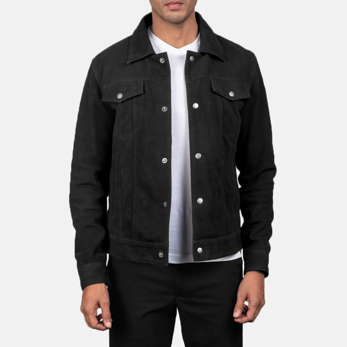 Men's Stallon Black Suede Jacket in Black Goatskin Suede - Vista frontale e linea su misura | Acquista online