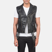 
Sullivan Nero Leather Biker Vest da Uomo - Vista frontale e silhouette sartoriale | Acquista online