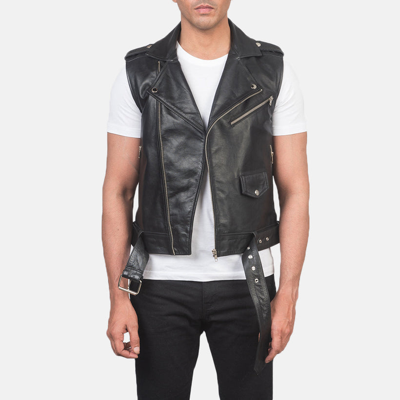 Sullivan Nero Leather Biker Vest da Uomo
