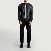 Close-Up Detail of Band with Snap Button & Zipper Hardware on Men's Sven Mocha Suede Bomber Jacket