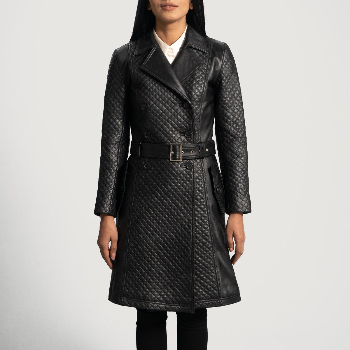 
Sweet Susan Nero Trench in Pelle da Donna in Black Sheepskin Leather - Vista frontale e silhouette sartoriale | Acquista online