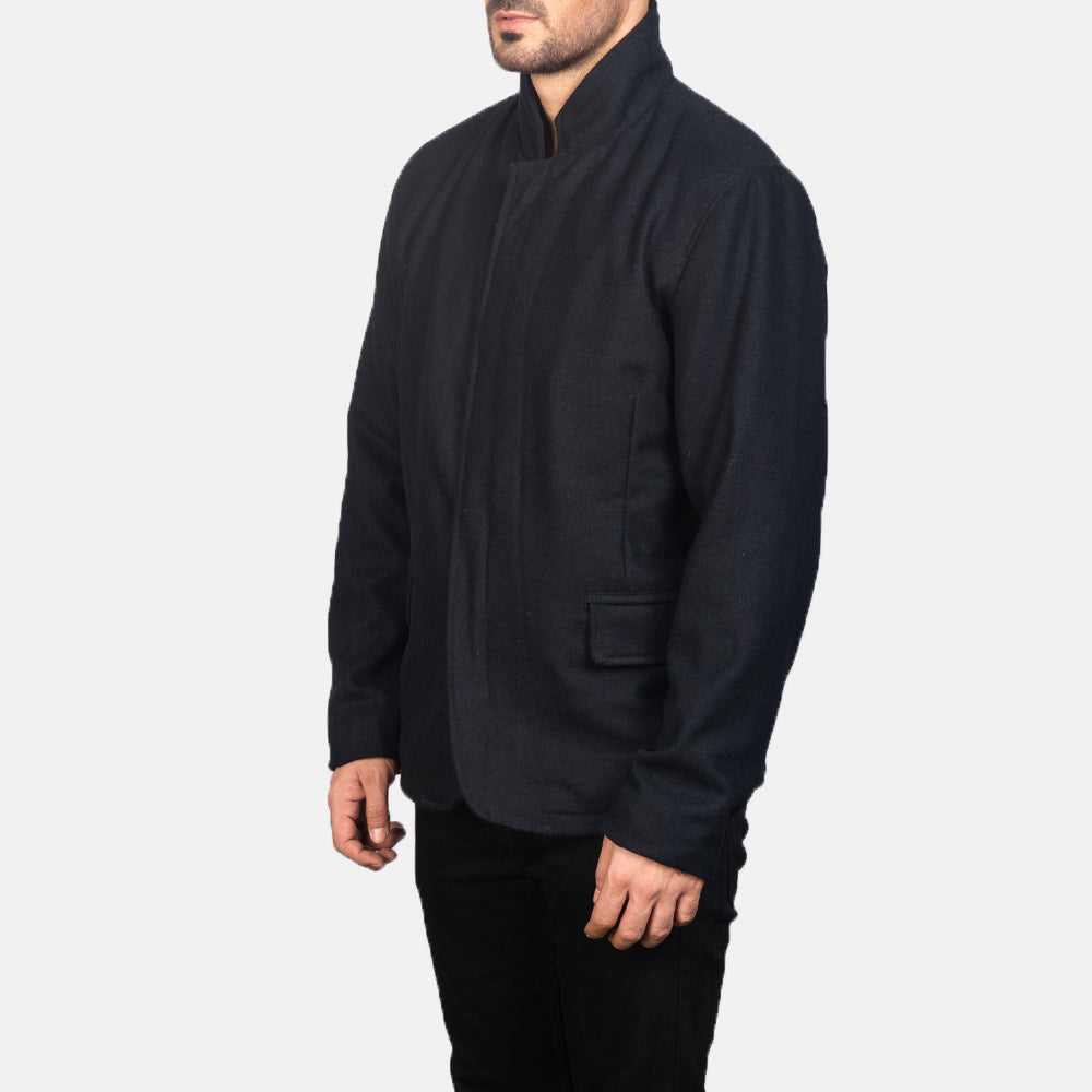 Black Synthetic Wool Winter Jacket - Vista posteriore Showing Tailored Shoulder Fit &amp; Clean Hemline