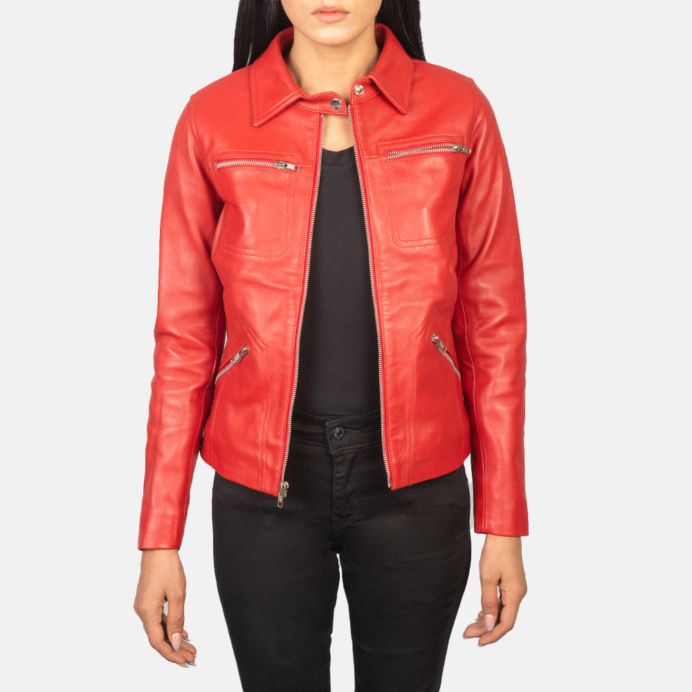 Women's Tomachi Red Leather Jacket in Red Sheep Skin Leather - Vista frontale e linea su misura | Acquista online