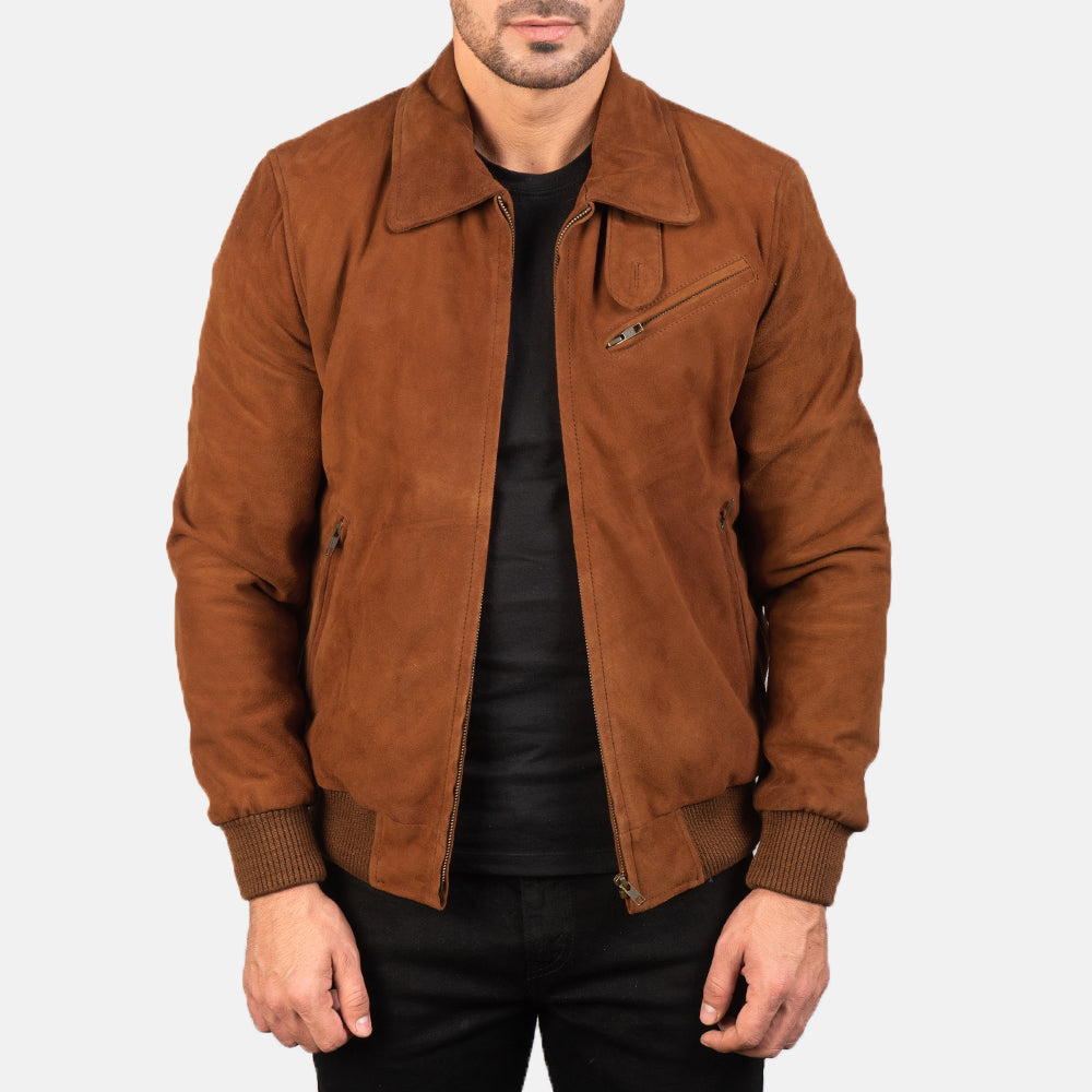 Men's Tomchi Cuoio Suede Giacca in Pelle da Uomo in Brown Goatskin Suede - Vista frontale e linea su misura | Acquista online