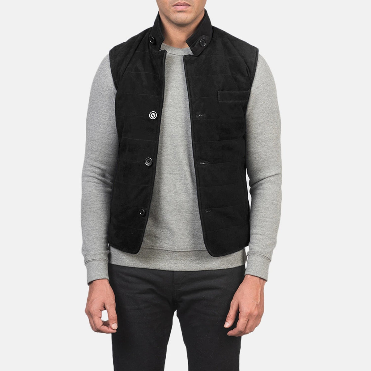 
Tony Nero Suede Vest da Uomo in Black Goatskin Suede - Vista frontale e silhouette sartoriale | Acquista online