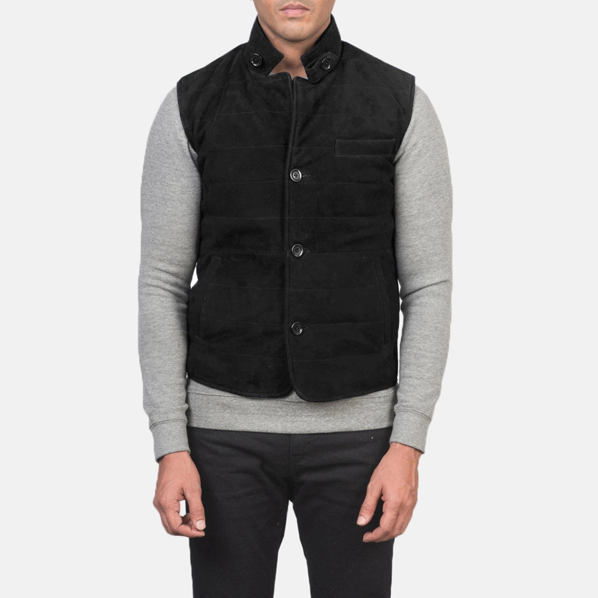 
Dettaglio ravvicinato of Notch with removable throat latch & Button Hardware on Tony Nero Suede Vest da Uomo