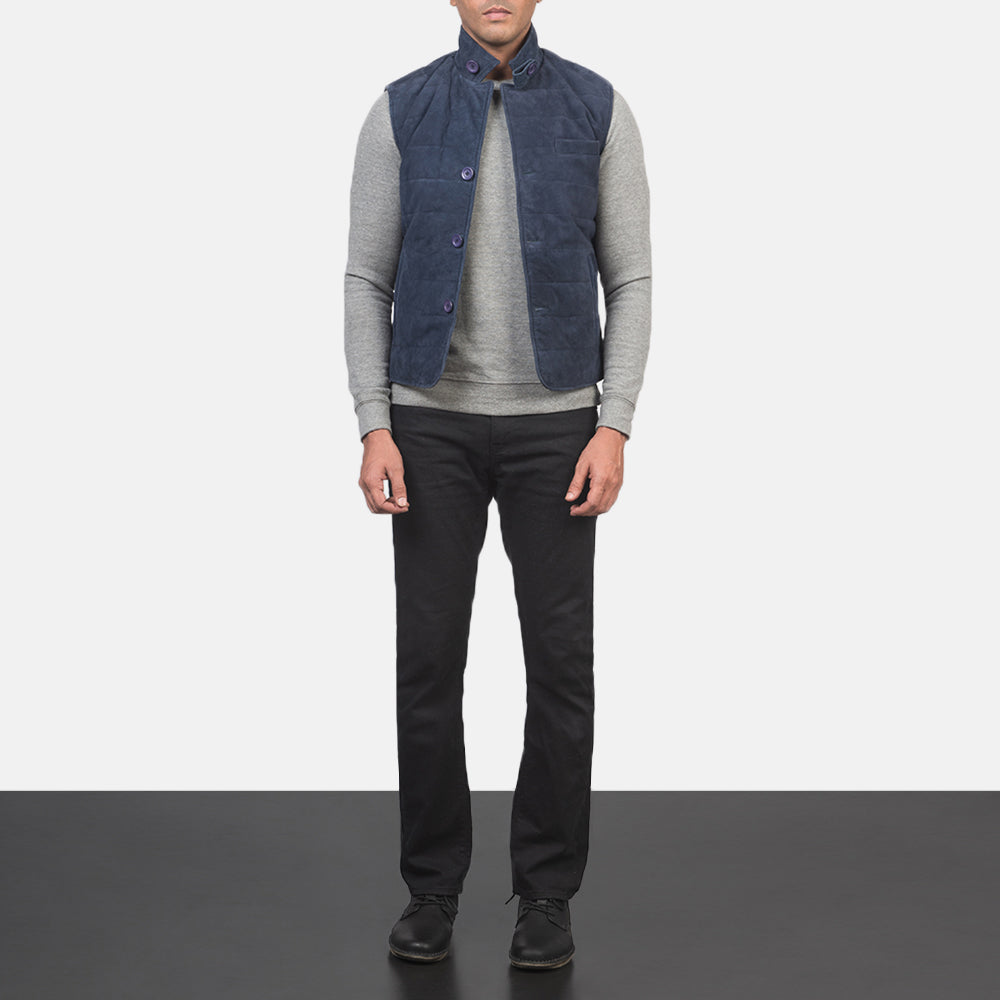 Men's Tony Blue Suede Vest - Lateral Side Profile View Showing Sleeve Cut & Athletic Taper Fit