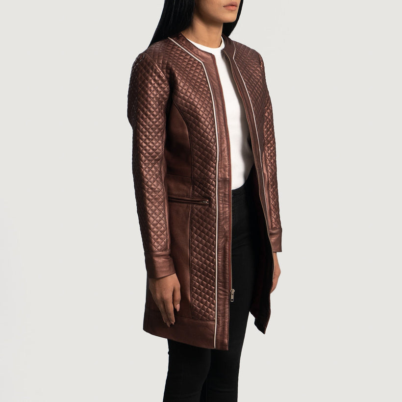 Trudy Lane Trapuntato Bordeaux Cappotto in Pelle da Donna