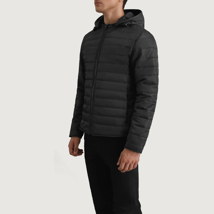 Tyler Nero Hooded Puffer Giacca in Pelle da Uomo