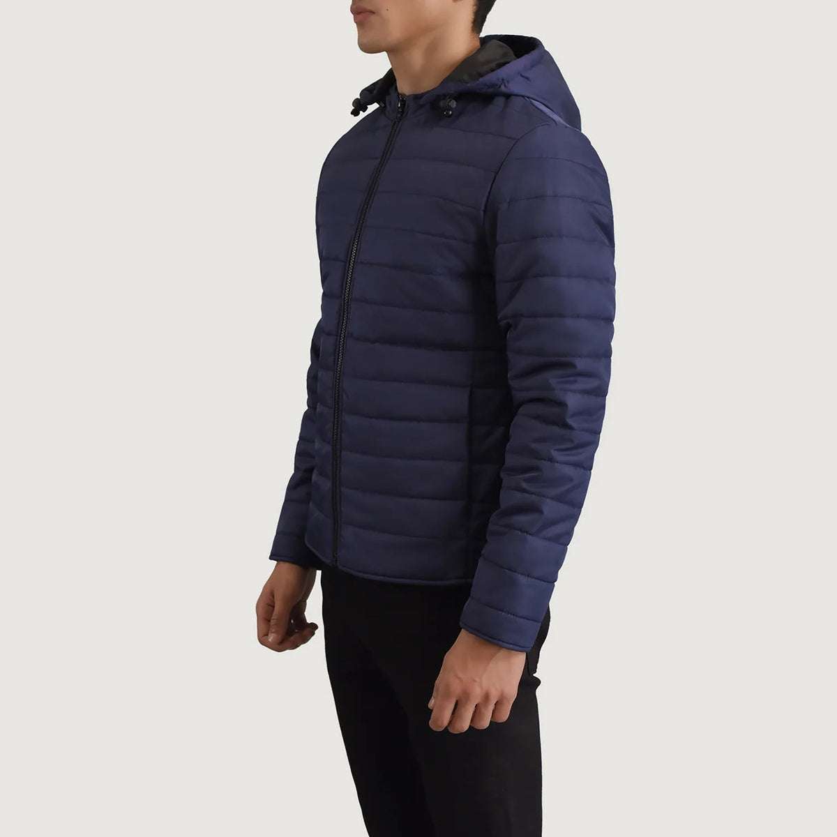 Blue Full-Grain Leather Hooded Jacket - Vista posteriore Showing Tailored Shoulder Fit &amp; Clean Hemline