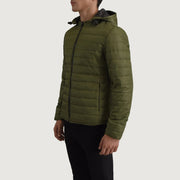 Green Full-Grain Leather Hooded Jacket - Vista posteriore Showing Tailored Shoulder Fit &amp; Clean Hemline