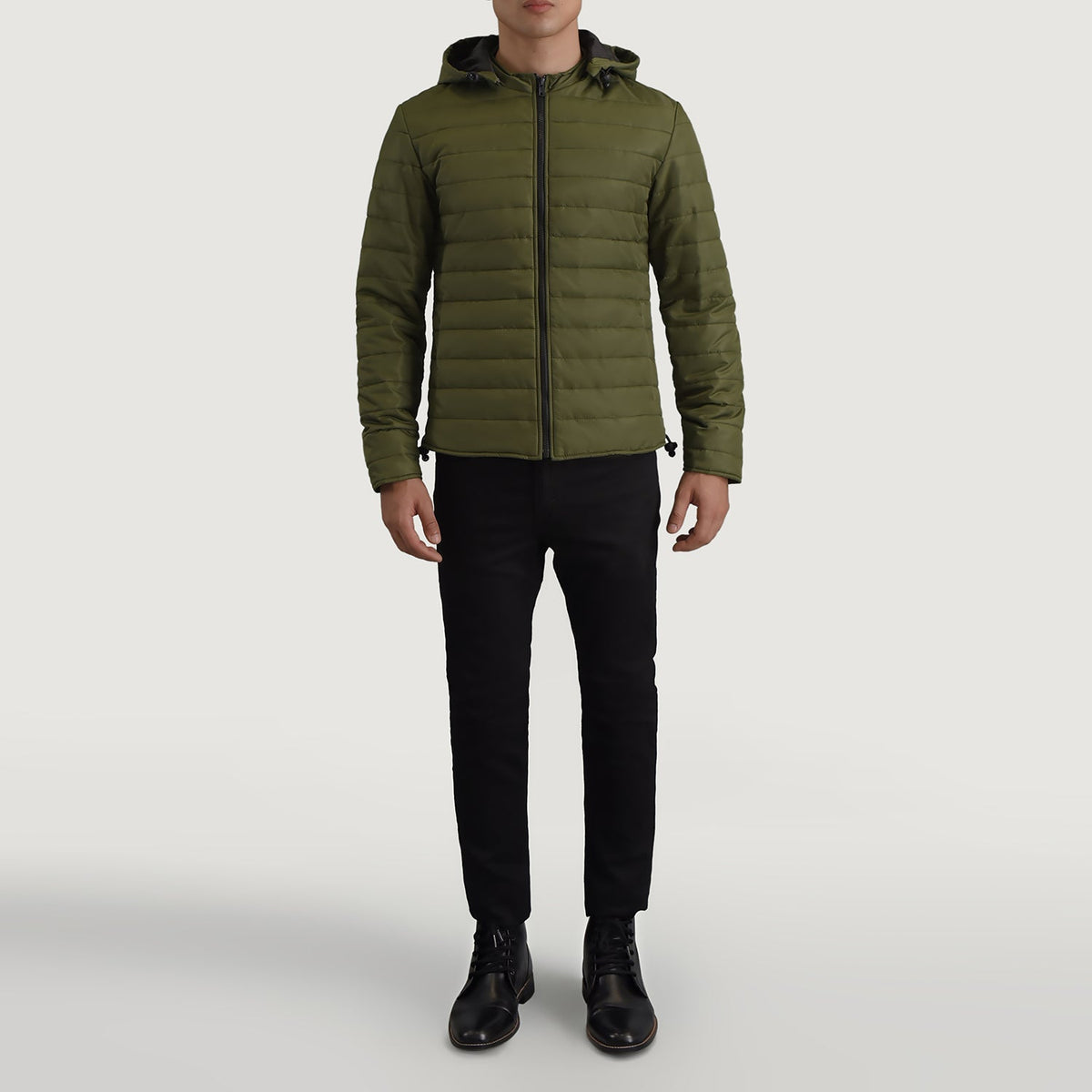 Tyler Verde Hooded Puffer Giacca in Pelle da Uomo - Lateral Side Profile View Showing Sleeve Cut &amp; Athletic Taper Fit