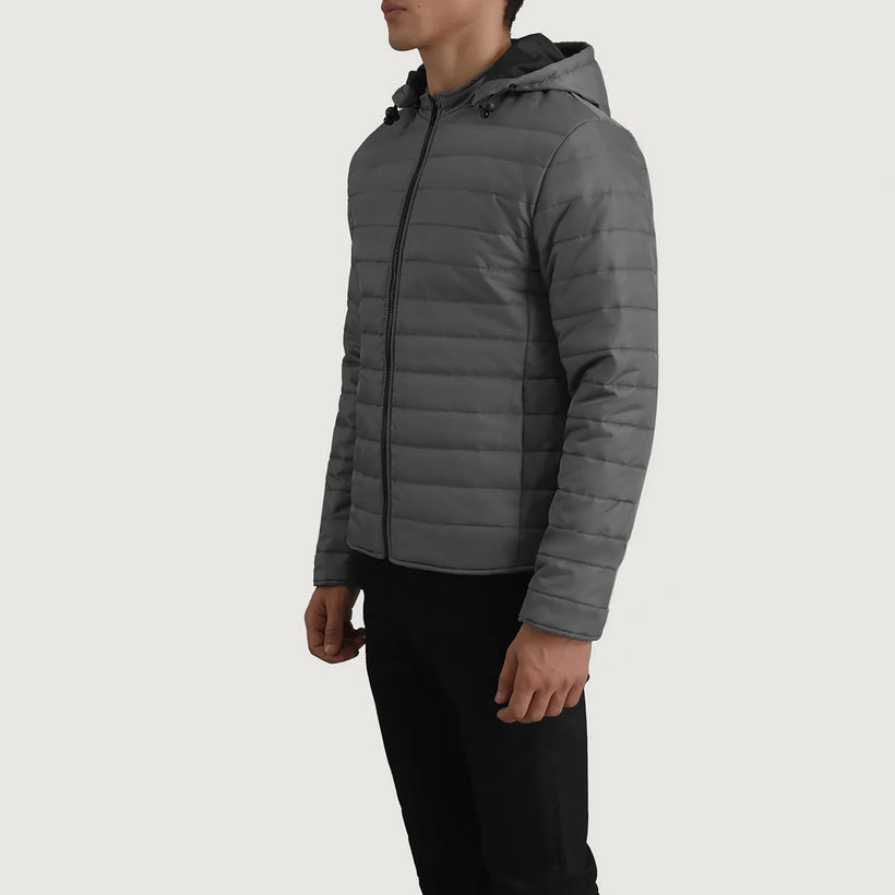Tyler Grigio Hooded Puffer Giacca in Pelle da Uomo
