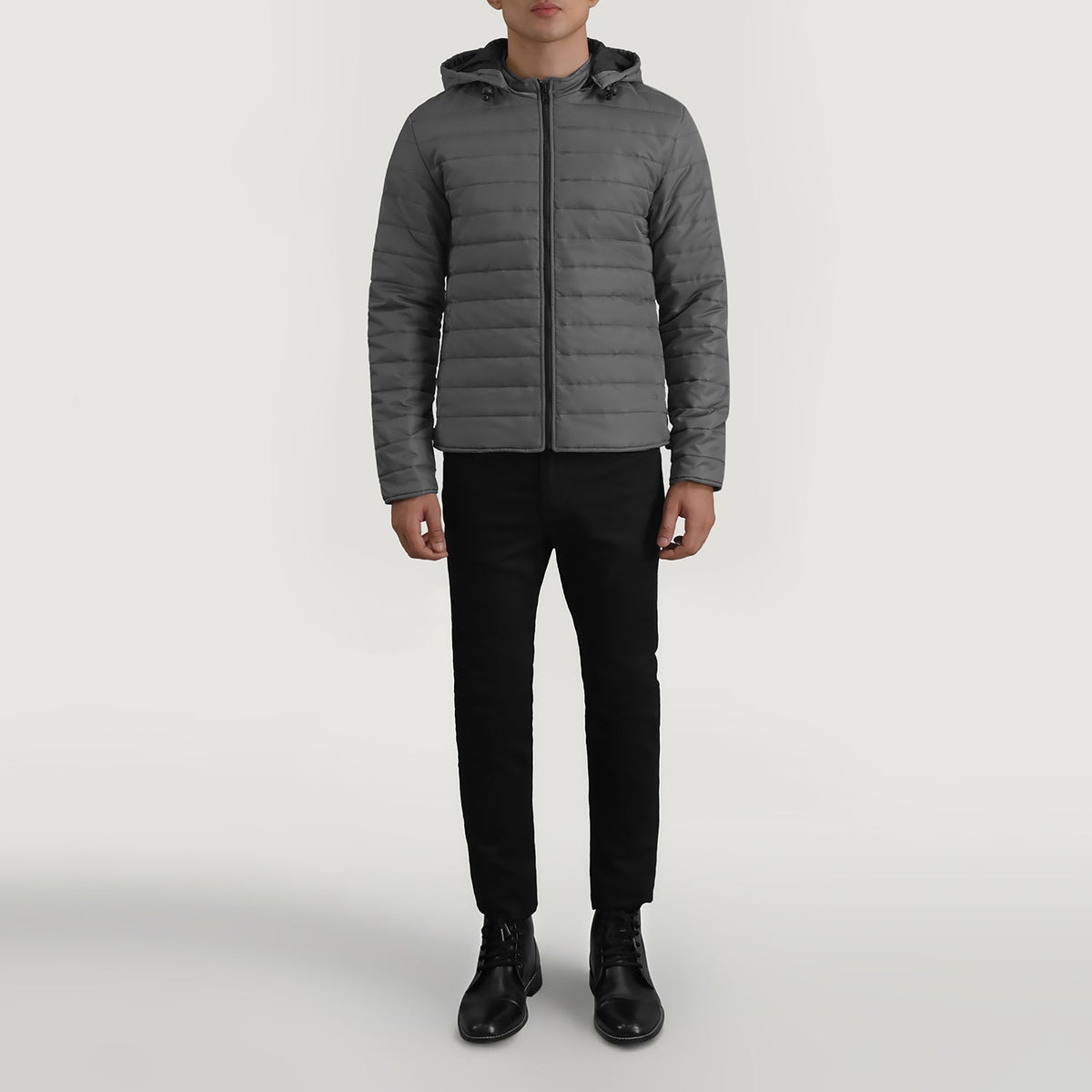 Tyler Grigio Hooded Puffer Giacca in Pelle da Uomo - Lateral Side Profile View Showing Sleeve Cut &amp; Athletic Taper Fit