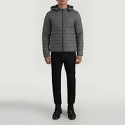 Tyler Grigio Hooded Puffer Giacca in Pelle da Uomo - Lateral Side Profile View Showing Sleeve Cut &amp; Athletic Taper Fit