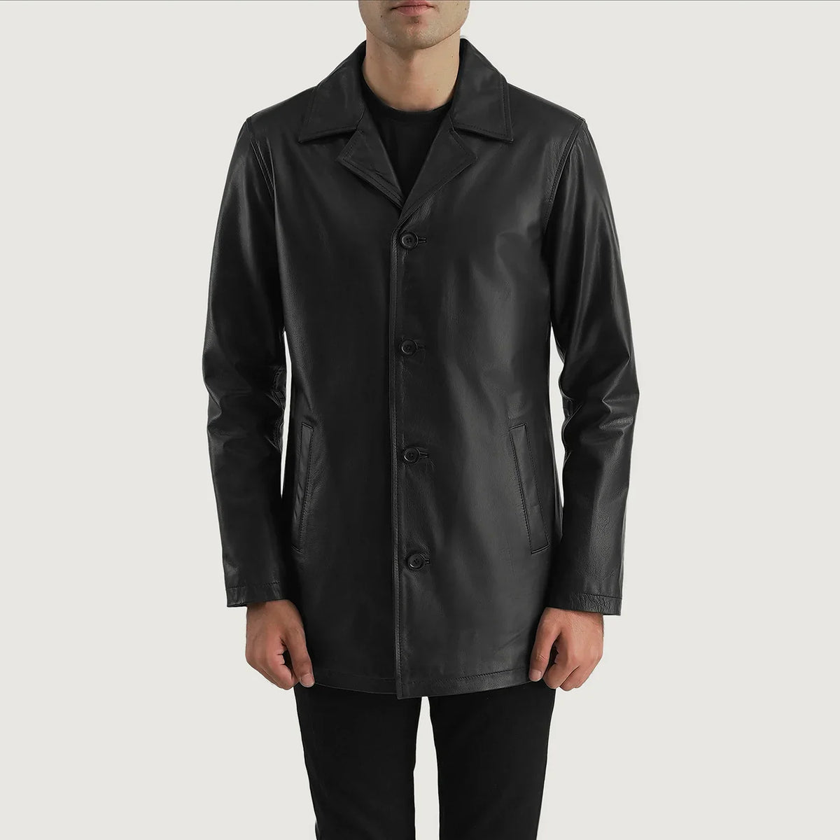 
Urban Slate Nero Cappotto in Pelle da Uomo in Black Cowhide (Lt-071) Leather - Vista frontale e silhouette sartoriale | Acquista online