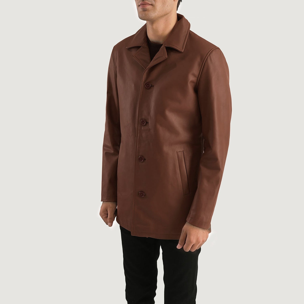 
Brown Cowhide leather Coat - Vista posteriore con spalle definite e orlo pulito