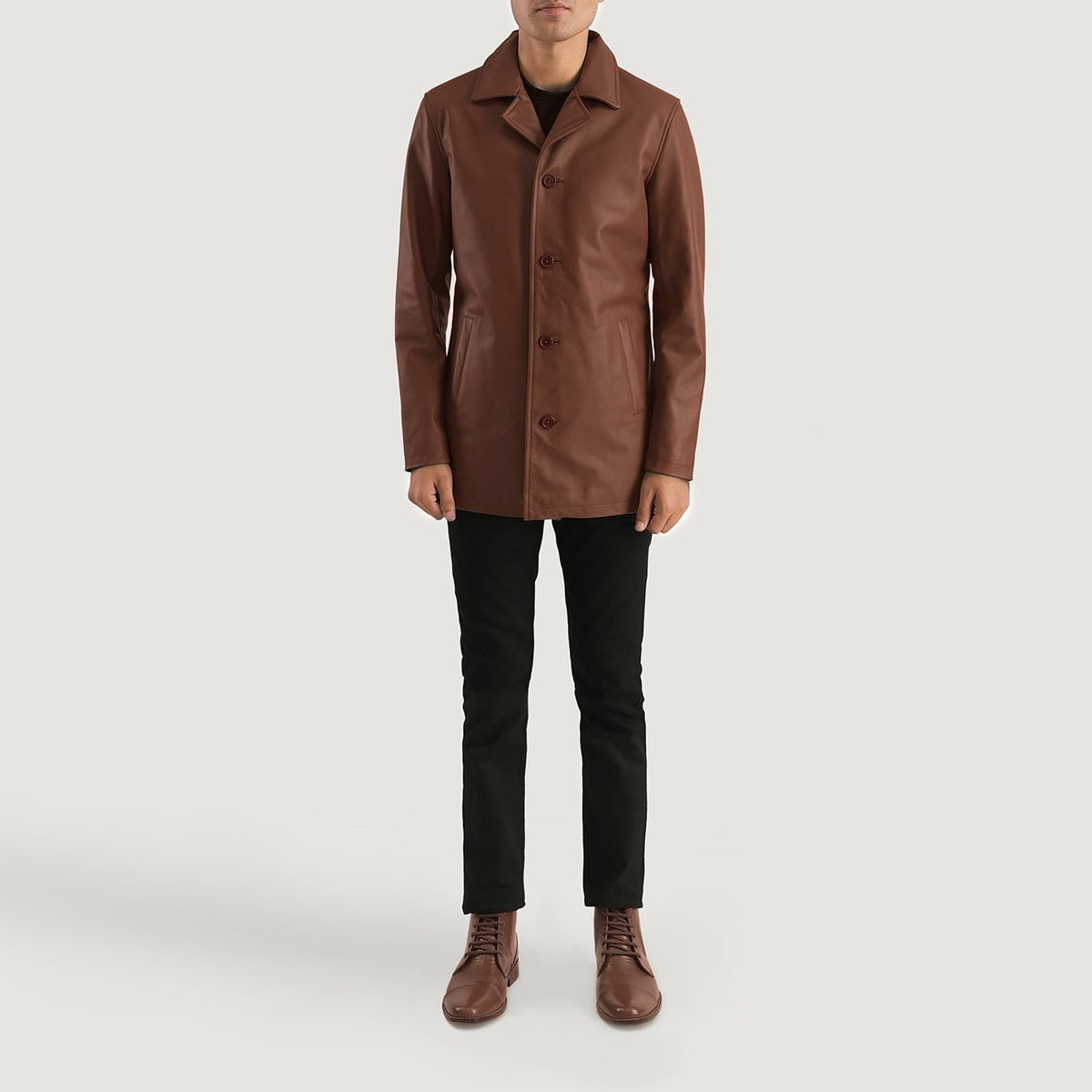 
Urban Slate Marrone Cappotto in Pelle da Uomo - Vista laterale che mostra il taglio ergonomico delle maniche