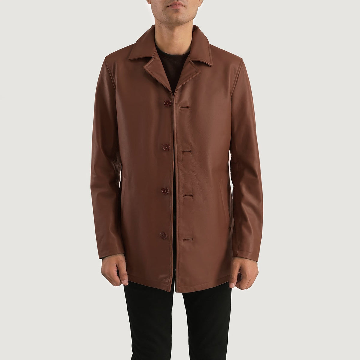 
Dettaglio ravvicinato of Notch & Button Hardware on Urban Slate Marrone Cappotto in Pelle da Uomo
