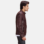 Maroon Sheepskin Leather Biker Jacket - Vista posteriore Showing Tailored Shoulder Fit &amp; Clean Hemline